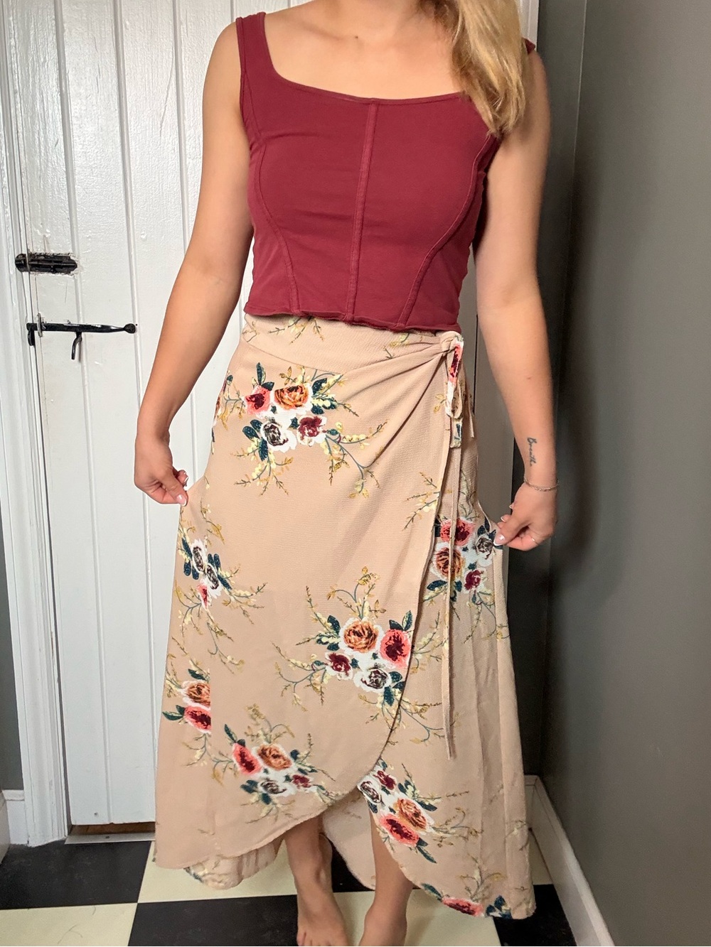 Floral Wrap Midi Skirt in Beige